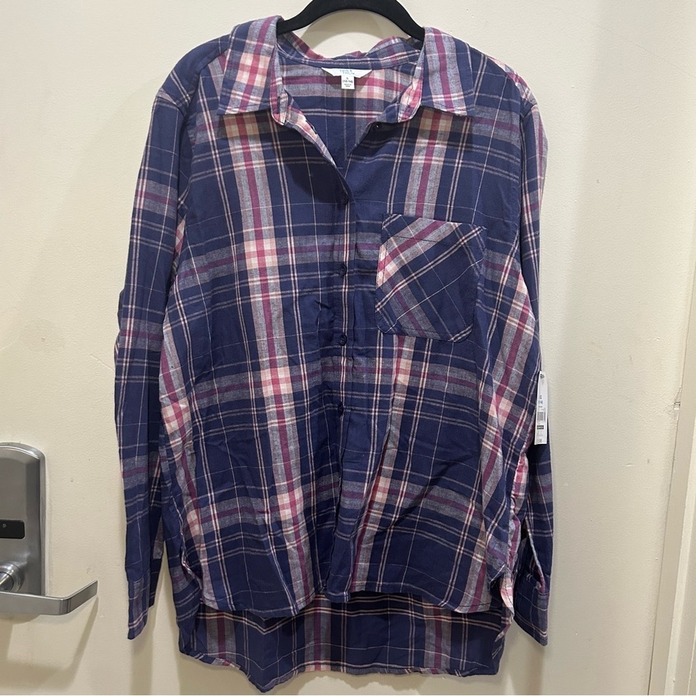 NWT Time & Tru Purple & Blue Plaid Button Down Long Sleeve Top Size Large